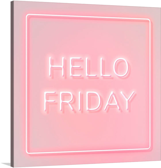 “Hello Friday” is a vibrant neon art print that brings a touch of modern elegance and a pop of color into your space. The soft pink hue of the glowing letters against a slightly darker pink background creates an inviting and warm atmosphere. 