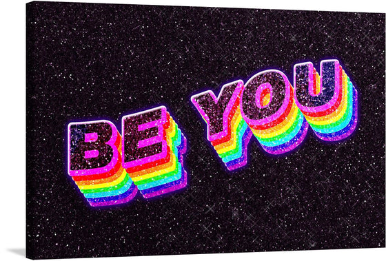 This vibrant and colorful print is a bold reminder to always be yourself. The words “BE YOU” pop off the page in a rainbow spectrum, radiating positivity and self-expression. Against a starry black background, this digital art piece invites you to embrace your uniqueness. Hang it on your wall, and let its uplifting message infuse your space with joy and authenticity. 