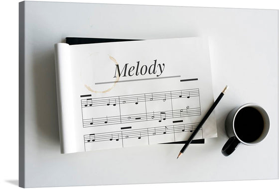 Immerse yourself in the serene elegance of our latest art print, “Melody.” This exquisite piece captures a moment of peaceful reflection, where a sheet of music rests atop a blank canvas journal, accompanied by a pencil and a cup of coffee. The gentle stain on the musical score adds an element of lived experience, evoking feelings of nostalgia and the timeless beauty of music. 