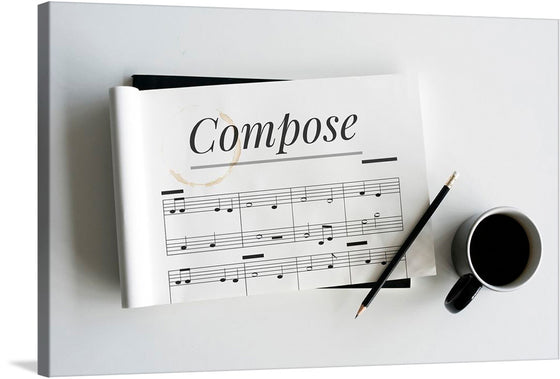 “Compose” is a beautiful print that would make a great addition to any music lover’s home. The print features a sheet of music with the word “Compose” written in a modern script font. The print is accented with a pencil and a cup of coffee, making it perfect for a home office or music room.
