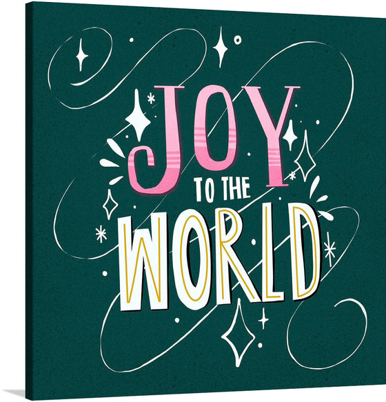 “Joy to the world” is a colorful artwork that captures the essence of holiday cheer and universal jubilation. The phrase “JOY TO THE WORLD” is stylized in vibrant hues of pink, white, and gold, creating a contrast against the deep green background.