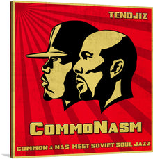  Experience the bold colors and graphic design of TenDJiz’s “Commonasm mashup album artwork”. This digital art piece features a profile of a man’s head with a black baseball cap on, with the text “Commonasm” written in large yellow letters above the man’s head. Below the man’s head is the text “Common & Nas meet Soviet Soul Jazz” in smaller white letters. 