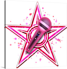  This vibrant and electrifying artwork, titled “Pop Music Barnstar,” is a must-have for any music lover. The artwork features a radiant pink star adorned with a sleek microphone at its core, surrounded by splashes and specks of lighter pink hues that create an energetic atmosphere. 
