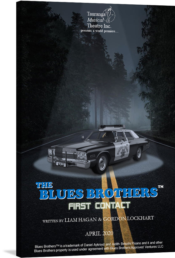 “The Blues Brothers First Contact” immerses you in an iconic world where music, comedy, and drama collide. This captivating artwork features the legendary duo’s police car against a misty, enigmatic backdrop. Dark silhouettes of towering trees frame the scene, evoking mystery and anticipation. 