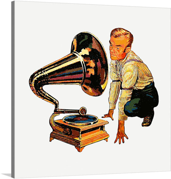 Step back in time with this charming artwork, a print capturing the essence of vintage nostalgia. A person is depicted in awe of a classic gramophone. The intricate details and vibrant colors breathe life into this scene, making it a perfect piece to add character and a touch of historical elegance to any space. 