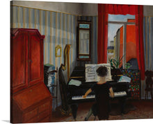  The painting invites you into an intimate moment where a pianist is engrossed in the melodies flowing from the grand piano. Every brush stroke brings to life the rich textures of the room, adorned with elegant furniture and illuminated by the gentle embrace of natural light seeping through the window. 