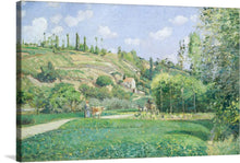  Immerse yourself in the serene beauty of this exquisite artwork, a print that captures a tranquil countryside scene. Every brushstroke brings to life the lush greenery, the gentle slopes adorned with tall, elegant trees, and the clear blue sky painted with soft, wispy clouds. A pair of cows grazes peacefully near a pond, adding a touch of pastoral charm.