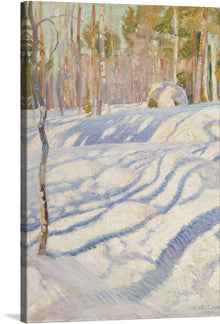 “Sunlit Winter Landscape” by Pekka Halonen invites you to step into a world where winter whispers its secrets. In this tranquil masterpiece, sunlight filters through the bare branches of silent trees, casting intricate shadows on the pristine snow below. Halonen’s brushstrokes evoke the crisp chill of the air and the hushed solitude of nature’s slumber. 