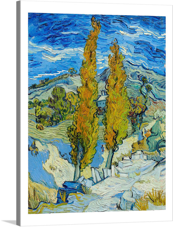 This mesmerizing print of Vincent Van Gogh’s “Poplars at Saint-Rémy” is a must-have for any art lover. The artwork captures the serene yet powerful essence of nature, with golden poplars standing tall against the swirling azure sky, embodying resilience and grace. 