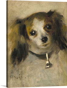   The painting features a dog’s head, painted with intricate brushstrokes and a keen eye for detail. The use of color and light creates a sense of depth and texture, making the painting come alive. 