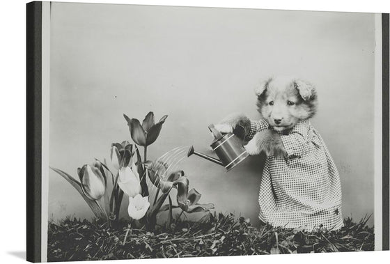 This artwork depicts a heartwarming scene of a dog helping out in the garden. The furry friend is seen watering the flowers with a watering can, showcasing its loyalty and dedication to its owner. 