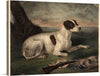 “Juno” is a captivating artwork by Nathaniel Currier that captures the serene and majestic essence of a dog in its natural habitat. The artwork features a white dog with brown spots lying on grass, appearing attentive and focused on something in the distance. In front of the dog are two birds and an old-fashioned rifle resting on the ground.