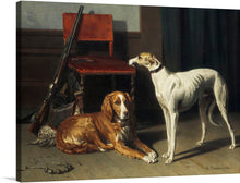  Immerse yourself in the timeless elegance of this exquisite artwork, now available as a premium print. The masterful brushstrokes capture two regal dogs, their expressions imbued with a silent narrative that beckons the observer into their world. Amidst a backdrop of rich textures and subdued lighting, the dogs exude an air of nobility and grace.