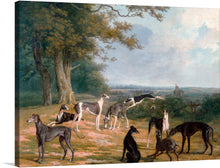 “Nine Greyhounds in a Landscape (1807)” is a stunning oil painting by Jacques–Laurent Agasse that captures the beauty and grace of nine greyhounds in a serene natural setting. The painting is available as a premium print and would make a wonderful addition to any art collection. The dogs are depicted with meticulous detail and lifelike portrayal, showcasing their individuality and elegance.