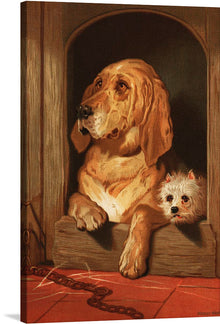 This painting by Sir Edwin Landseer is a charming and humorous depiction of two dogs, a bloodhound and a West Highland white terrier. The bloodhound, Grafton, is a large, imposing dog with a noble expression. The terrier, Scratch, is a small, wiry dog with a cheeky grin.