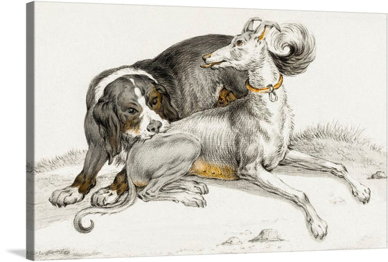 A Dog Bites Another Sitting Dog<span> by Jean Bernard (1775-1883) is a small but powerful oil painting that captures a moment of violence and aggression between two dogs.</span><span> The painting is notable for its realistic depiction of the animals and its dramatic use of light and shadow.</span>