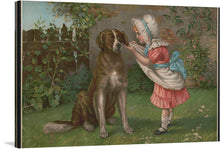 “Girl in Pink Dress and White Bonnet with Dog” is a charming print that captures a tender moment of friendship between a young girl and her dog. The girl, adorned in a pink dress with a blue sash and a white bonnet, is seen petting a large brown and white dog. The scene unfolds in a picturesque garden, complete with a brick wall, flowers, and bushes. 