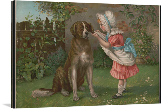 “Girl in Pink Dress and White Bonnet with Dog” is a charming print that captures a tender moment of friendship between a young girl and her dog. The girl, adorned in a pink dress with a blue sash and a white bonnet, is seen petting a large brown and white dog. The scene unfolds in a picturesque garden, complete with a brick wall, flowers, and bushes. 