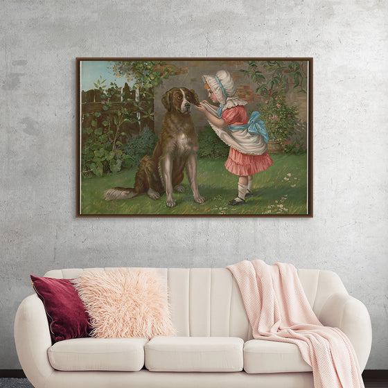 "Girl in Pink Dress and White Bonnet with Dog"