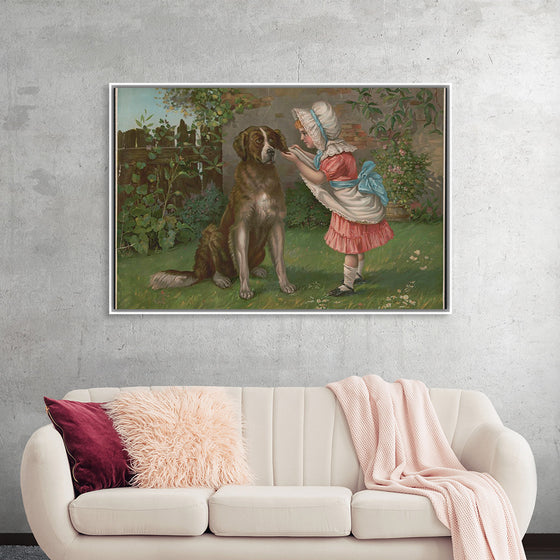 "Girl in Pink Dress and White Bonnet with Dog"