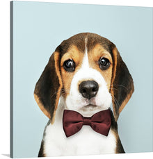  This captivating artwork showcases a delightful beagle puppy, exuding charm with its stylish bow tie. Against a vibrant blue backdrop, the puppy's innocent eyes and playful expression are sure to melt hearts. 