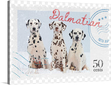  This print features three Dalmatians standing in the snow, with a vintage postcard design. The print is perfect for dog lovers and anyone who appreciates a touch of nostalgia.