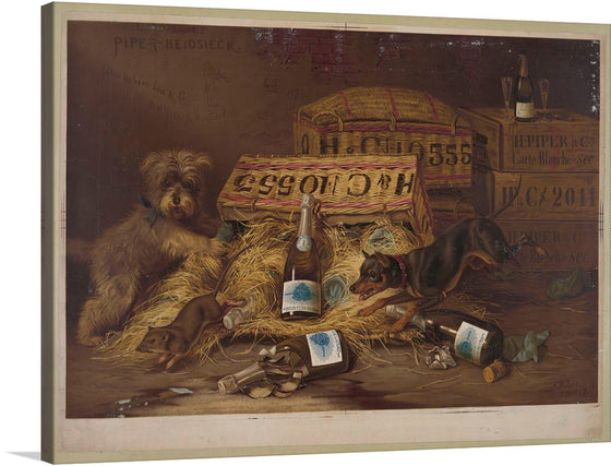 This captivating artwork, available as a print, immerses viewers in a rustic and nostalgic scene. Two dogs, one with shaggy fur and the other sleek, find solace amidst straw and vintage wooden crates marked with distinct characters. A bottle of Piper-Heidsieck champagne lies central to the composition, its label vivid against the earthy tones surrounding it. 