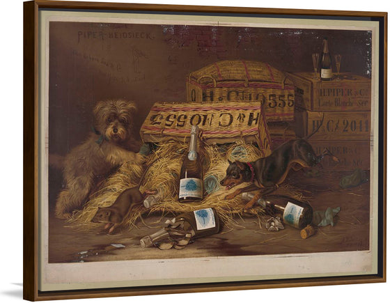 "Two Dogs Chasing Mouse Through Open Case of Champagne (1878)"