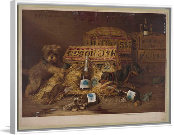 "Two Dogs Chasing Mouse Through Open Case of Champagne (1878)"
