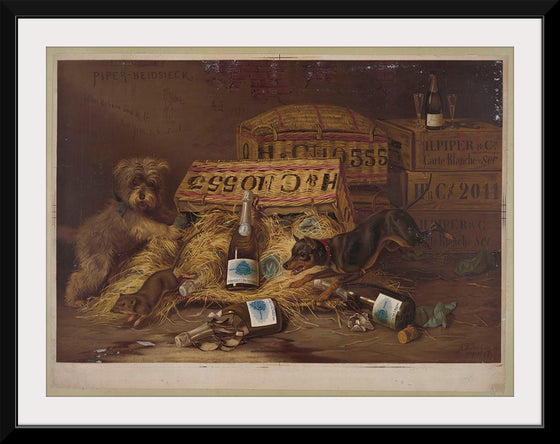 "Two Dogs Chasing Mouse Through Open Case of Champagne (1878)"