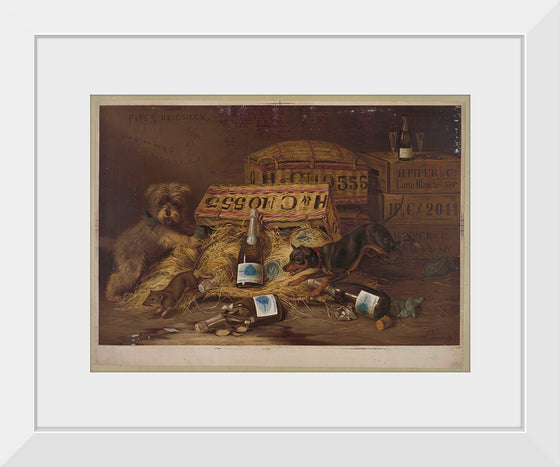 "Two Dogs Chasing Mouse Through Open Case of Champagne (1878)"