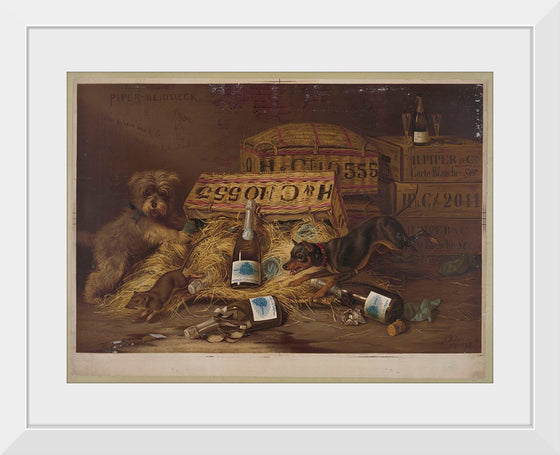 "Two Dogs Chasing Mouse Through Open Case of Champagne (1878)"