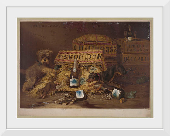 "Two Dogs Chasing Mouse Through Open Case of Champagne (1878)"