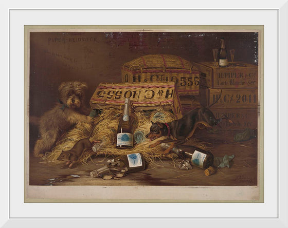 "Two Dogs Chasing Mouse Through Open Case of Champagne (1878)"