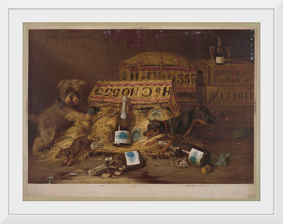 "Two Dogs Chasing Mouse Through Open Case of Champagne (1878)"