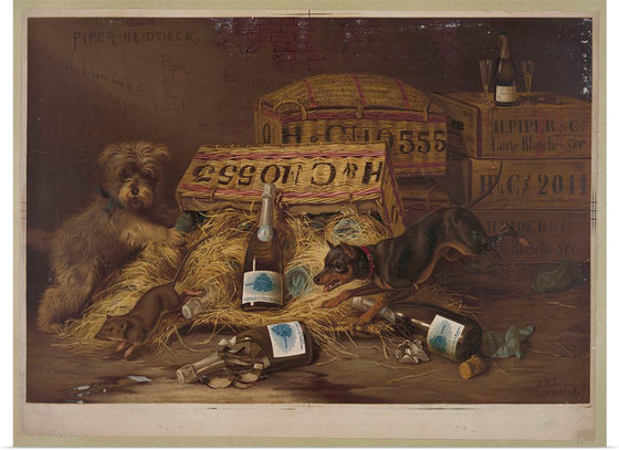 "Two Dogs Chasing Mouse Through Open Case of Champagne (1878)"