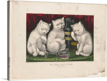  “The Three Jolly Kittens - After the Feast” is a delightful artwork that captures the whimsical aftermath of three kittens indulging in a delightful feast. Against a backdrop of rich red drapery, these feline friends revel in their post-meal contentment. One kitten rests its eyes, another luxuriates on its back, and the third meticulously grooms itself. The overturned glass and a bottle labeled “SODA WATER” hint at their playful escapades.