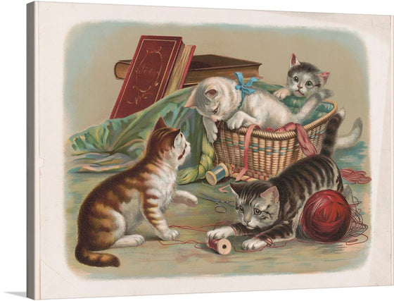 This charming watercolor captures the playful energy of four kittens at romp. The kittens, rendered in soft hues of white, orange, brown, and black, tumble over a wicker basket overflowing with yarn.
