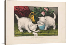  Immerse yourself in the playful and enchanting world of “Little White Kitties,” a captivating artwork print that brings to life two adorable white kittens engrossed in their innocent play. With meticulous detailing, every strand of fur and playful expression is captured, evoking a sense of warmth and nostalgia. Set against a backdrop adorned with lush roses and rich textures, this piece promises to be a conversation starter, adding a touch of vintage elegance and whimsy to any space it graces.