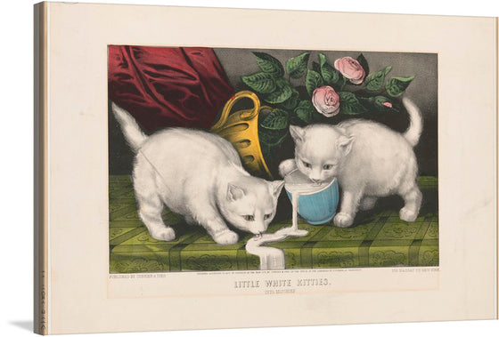 Immerse yourself in the playful and enchanting world of “Little White Kitties,” a captivating artwork print that brings to life two adorable white kittens engrossed in their innocent play. With meticulous detailing, every strand of fur and playful expression is captured, evoking a sense of warmth and nostalgia. Set against a backdrop adorned with lush roses and rich textures, this piece promises to be a conversation starter, adding a touch of vintage elegance and whimsy to any space it graces.