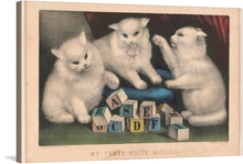  Introducing “My Three White Kitties: Learning their A.B.C.,” a captivating print that brings the playful innocence of three fluffy kittens to life. Each kitten, meticulously rendered to showcase their soft, white fur and endearing expressions, is caught amidst a moment of discovery with colorful alphabet blocks. 