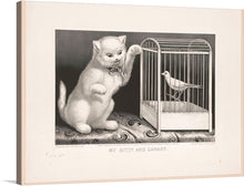  “My Kitty and Canary (1871)” by Currier & Ives is a timeless piece of art that captures the playful curiosity of a charming kitty and the serene beauty of a canary. The artwork features a white kitten reaching out towards a caged canary, both rendered in detailed grayscale tones highlighting their textures. The background is dark, which brings focus to both central figures.