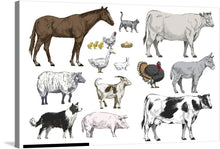  This charming print of farm animals is a perfect way to add a touch of country to your home décor. The print features a variety of farm animals, including cows,pigs, sheep, horses, chickens, and goats.