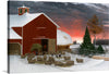 This captivating print transports you to a serene winter morning on a rustic farm. The photo-realistic image captures the essence of tranquility: a red barn with a green roof, nestled amidst a snowy landscape. 