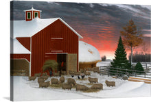  This captivating print transports you to a serene winter morning on a rustic farm. The photo-realistic image captures the essence of tranquility: a red barn with a green roof, nestled amidst a snowy landscape. 