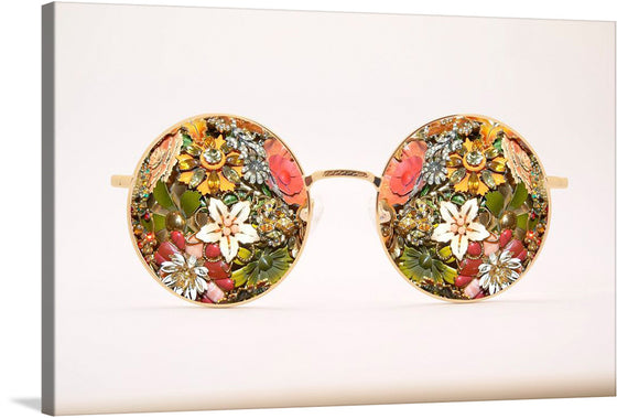 This whimsical artwork features a pair of sunglasses made entirely of flowers. The frames are made of a gold, and the lenses are made of brightly colored blooms. The overall effect is one of beauty and whimsy.