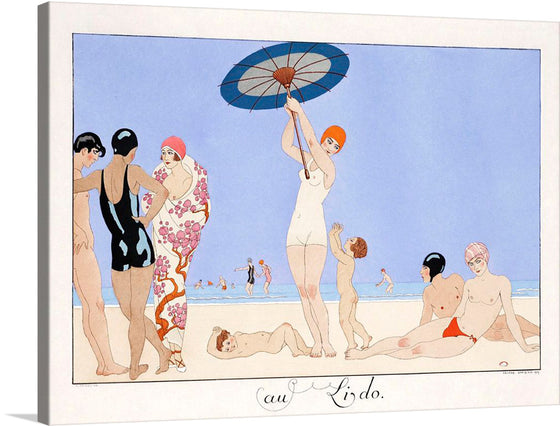 This beautiful print of “Au Lido” by George Barbier is a must-have for any art lover. The playful and colorful illustration of beach-goers is sure to brighten up any room and add a touch of sophistication and charm. The illustration is of a group of people at the beach, dressed in colorful and fashionable swimwear. 