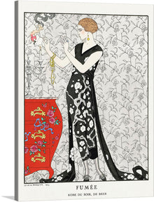  This Art Deco fashion illustration by George Barbier depicts a woman standing in a boudoir, adorned in a glamorous evening gown. The dress itself is a showstopper, a swirling masterpiece of black and white geometric patterns that cascade down her body like liquid.