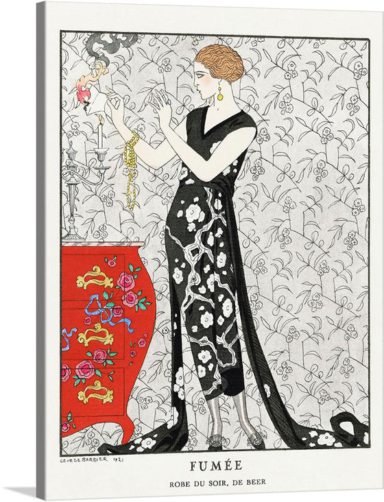 This Art Deco fashion illustration by George Barbier depicts a woman standing in a boudoir, adorned in a glamorous evening gown. The dress itself is a showstopper, a swirling masterpiece of black and white geometric patterns that cascade down her body like liquid.