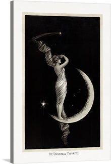  “Celestial Reverie” invites you to traverse the cosmos through the timeless lens of “The Universal Favorite (1889)” by Geo. H. Walker & Co. This captivating print unveils a figure, gracefully poised upon a crescent moon, reaching out to the stars that twinkle against the infinite canvas of the night sky. The monochromatic elegance, accentuated by the white border, adds an ethereal touch. 